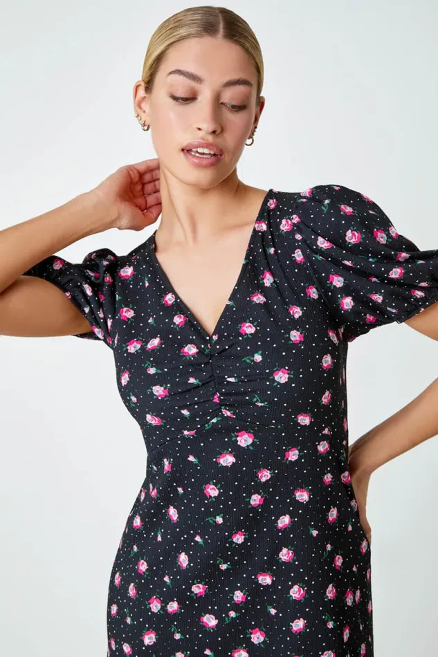 Black Ditsy Floral Print Lace Back Midi Dress Women Roman Dresses