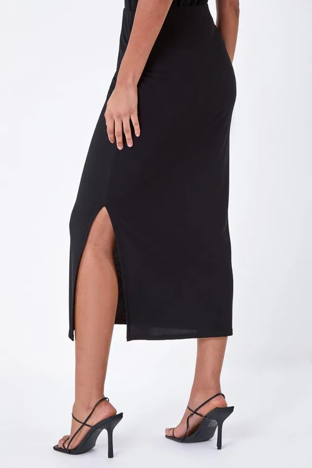Black Elastic Waist Side Ruched Stretch Midi Skirt Women Roman Skirts
