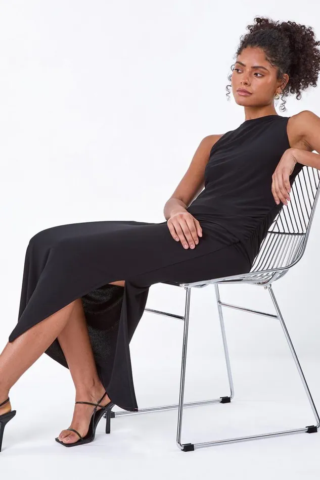 Black Elastic Waist Side Ruched Stretch Midi Skirt Women Roman Skirts