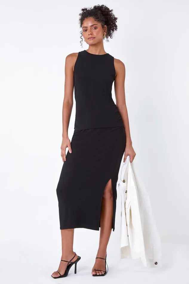 Black Elastic Waist Side Ruched Stretch Midi Skirt Women Roman Skirts