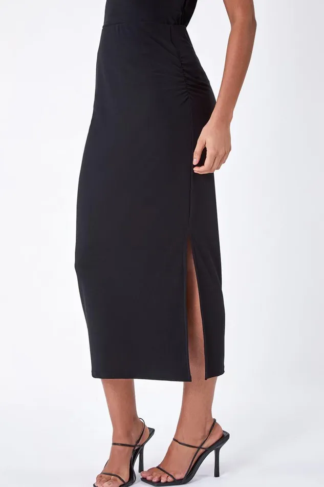 Black Elastic Waist Side Ruched Stretch Midi Skirt Women Roman Skirts