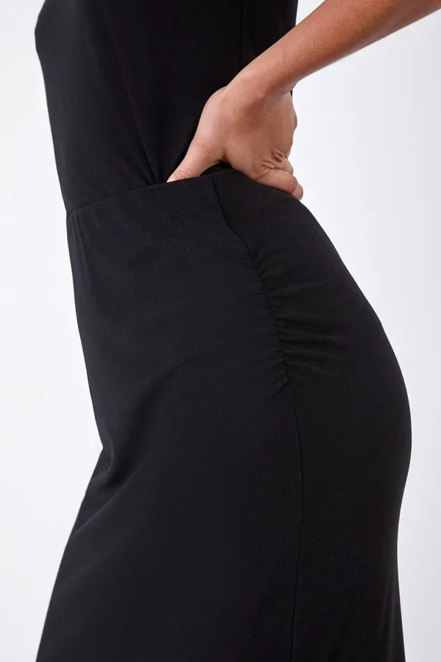 Black Elastic Waist Side Ruched Stretch Midi Skirt Women Roman Skirts