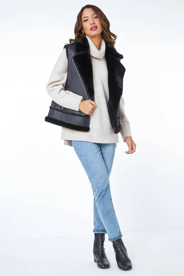 Black Faux Fur Aviator Gilet Women Roman Coats