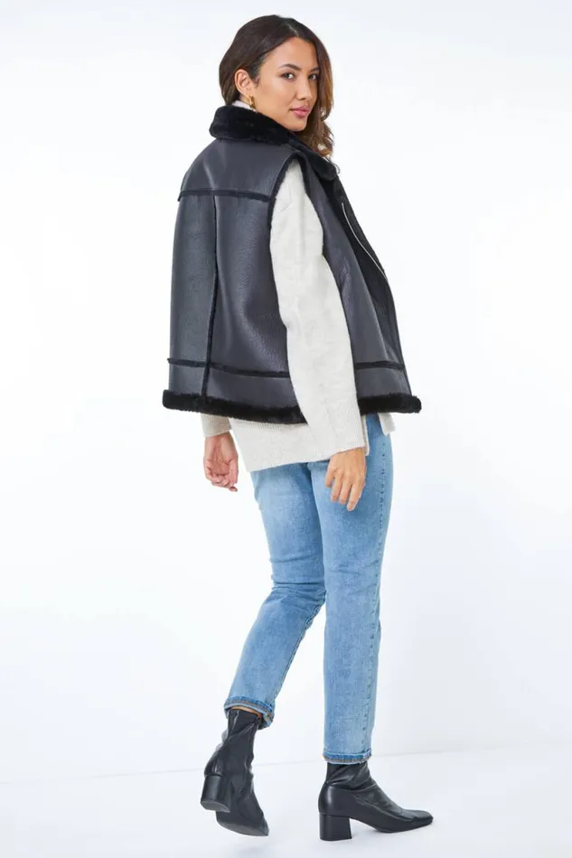 Black Faux Fur Aviator Gilet Women Roman Coats