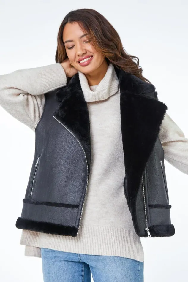 Black Faux Fur Aviator Gilet Women Roman Coats