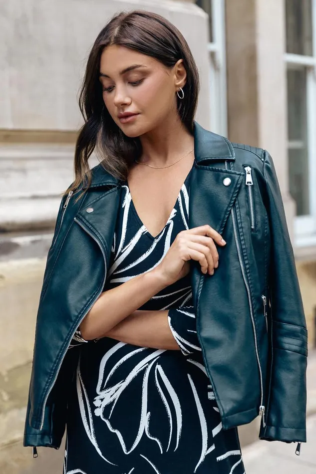 Black Faux Leather Biker Jacket Women Roman Jackets
