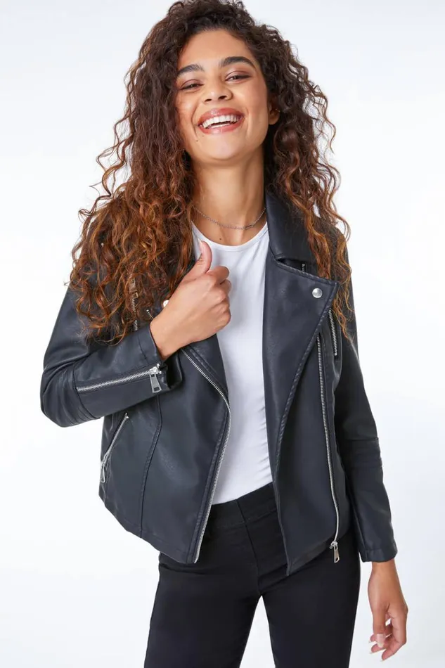 Black Faux Leather Biker Jacket Women Roman Jackets