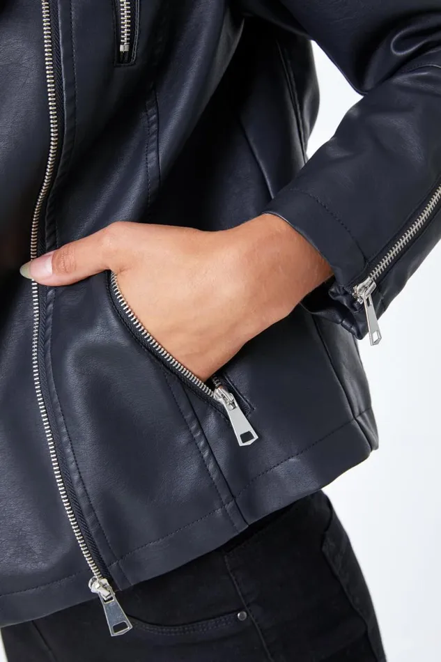 Black Faux Leather Biker Jacket Women Roman Jackets