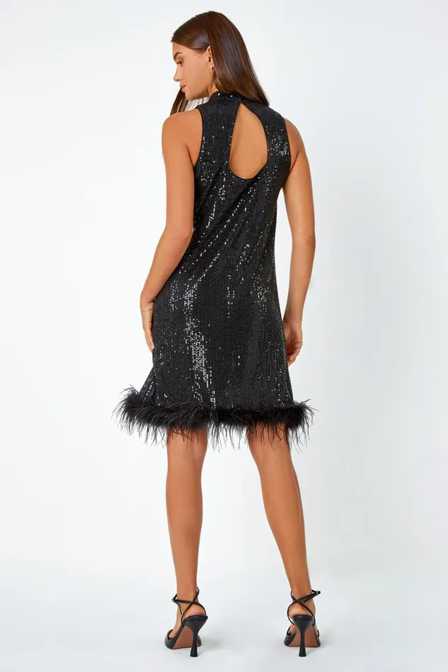 Black Feather Trim Sequin Halter Neck Stretch Dress Women Roman Dresses