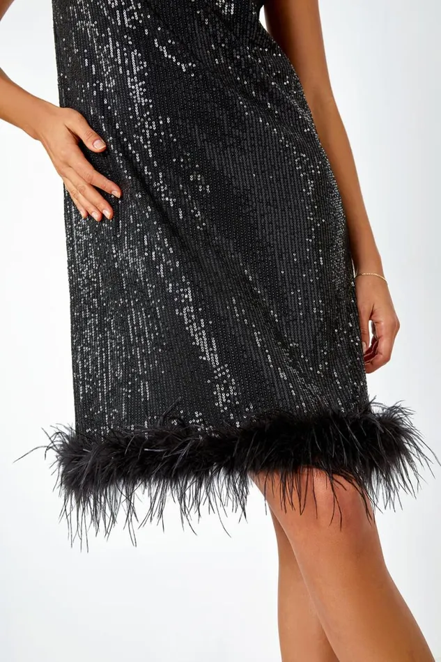 Black Feather Trim Sequin Halter Neck Stretch Dress Women Roman Dresses