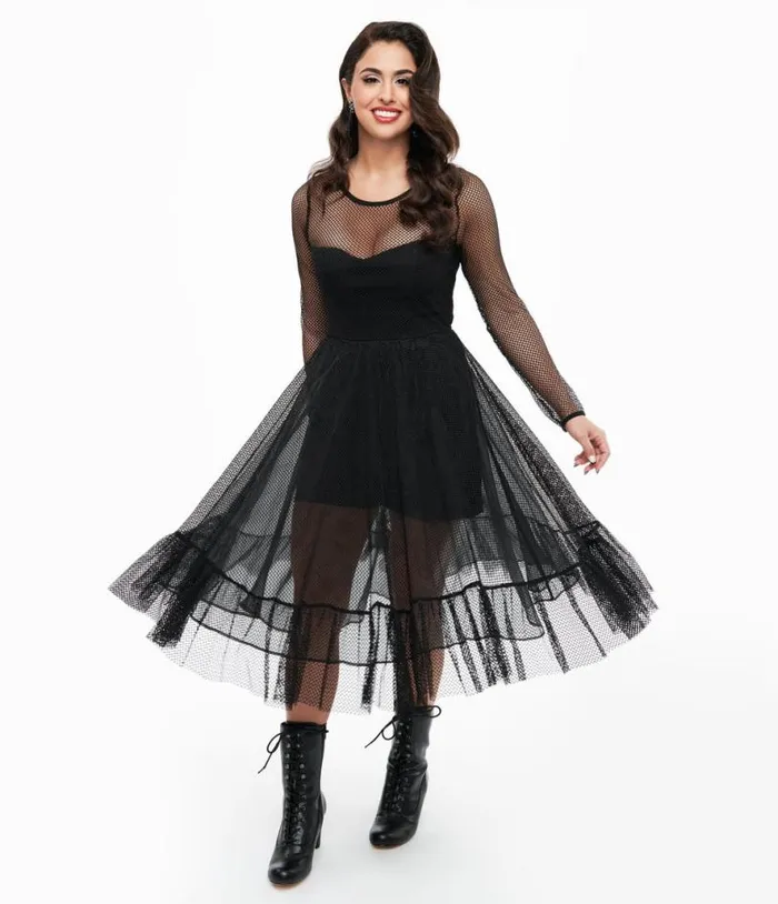 Black Fishnet Ruffle Dress and Builtin Romper Clothing Unique Vintage Rompers and Jumpsuits
