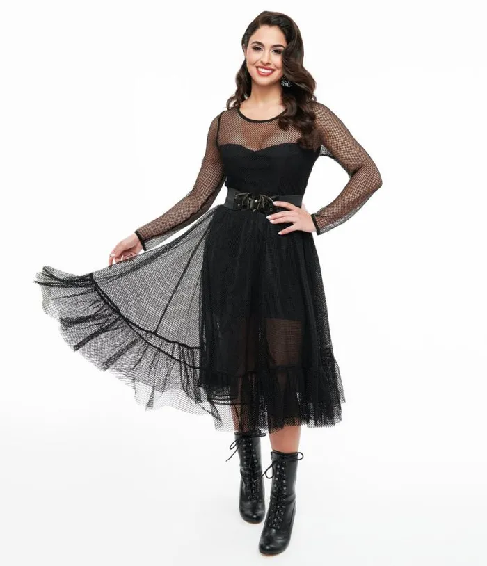 Black Fishnet Ruffle Dress and Builtin Romper Clothing Unique Vintage Rompers and Jumpsuits