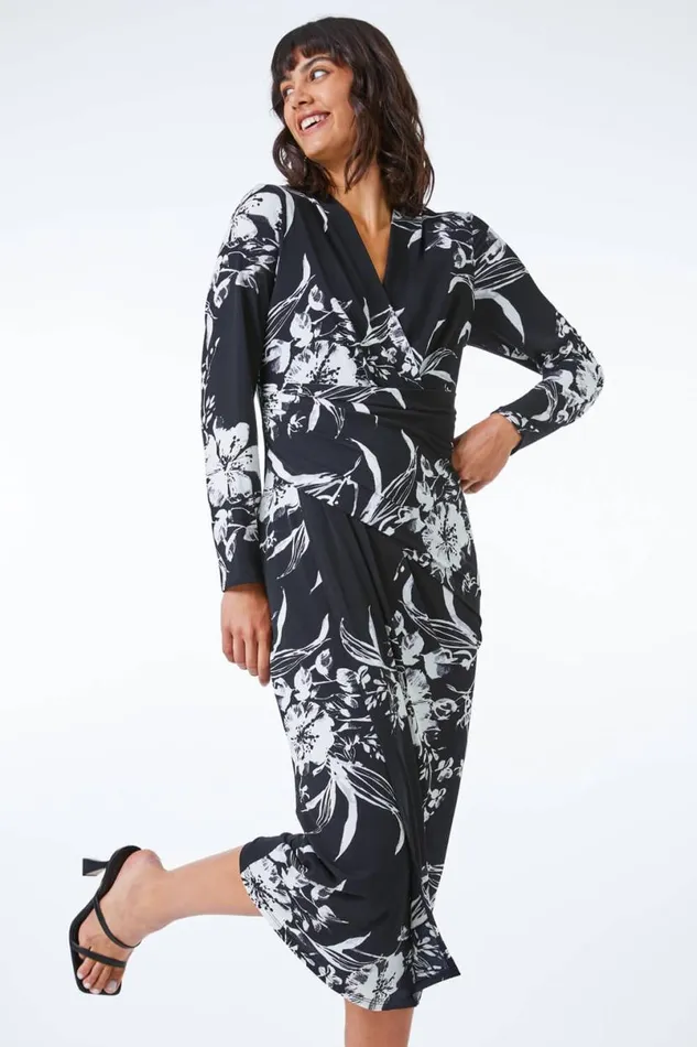 Black Fitted Floral Jersey Ruched Wrap Dress Women Roman Dresses