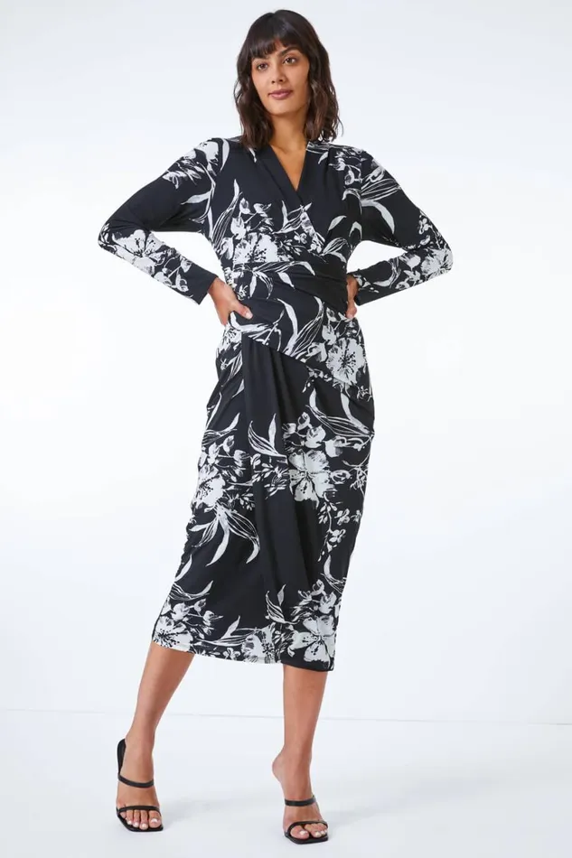 Black Fitted Floral Jersey Ruched Wrap Dress Women Roman Dresses