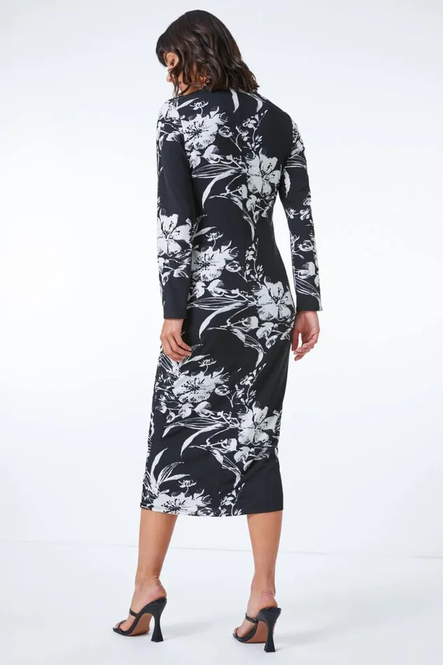 Black Fitted Floral Jersey Ruched Wrap Dress Women Roman Dresses