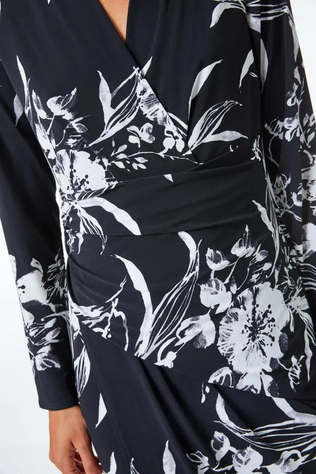 Black Fitted Floral Jersey Ruched Wrap Dress Women Roman Dresses