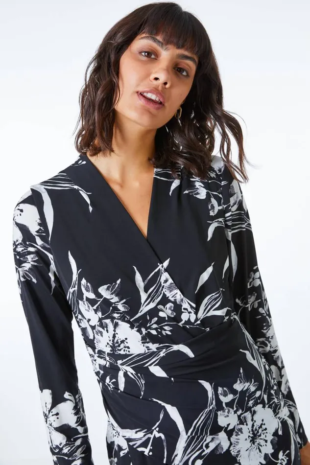 Black Fitted Floral Jersey Ruched Wrap Dress Women Roman Dresses