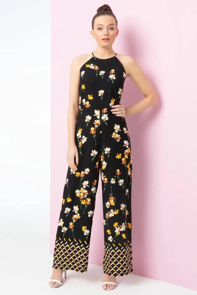 Black Floral Border Print Jumpsuit Women Roman Jumpsuits and Playsuits