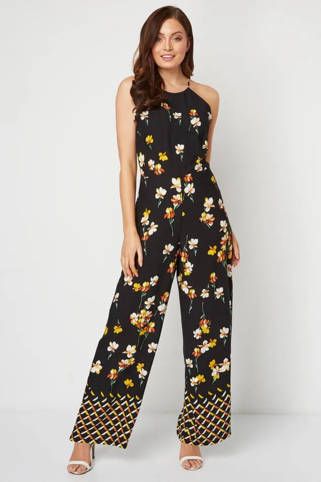 Black Floral Border Print Jumpsuit Women Roman Jumpsuits and Playsuits
