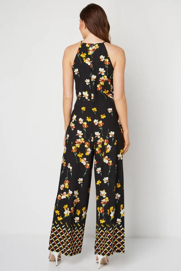 Black Floral Border Print Jumpsuit Women Roman Jumpsuits and Playsuits
