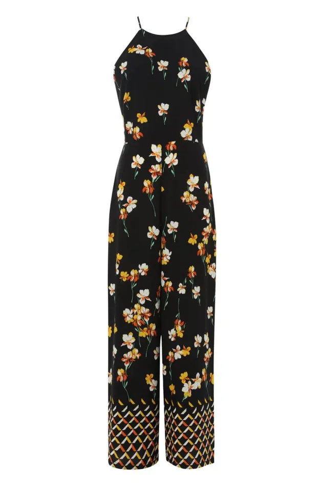 Black Floral Border Print Jumpsuit Women Roman Jumpsuits and Playsuits