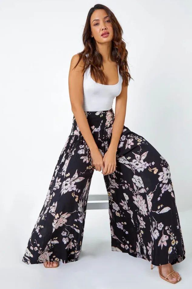 Black Floral Elastic Waist Wide Leg Palazzo Trousers Women Roman Trousers