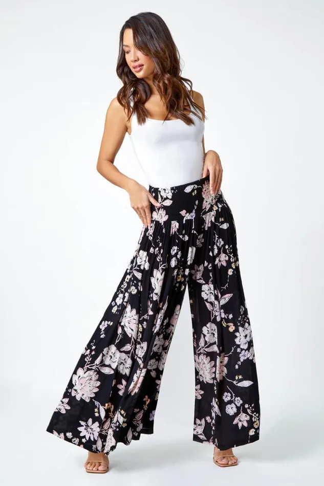 Black Floral Elastic Waist Wide Leg Palazzo Trousers Women Roman Trousers