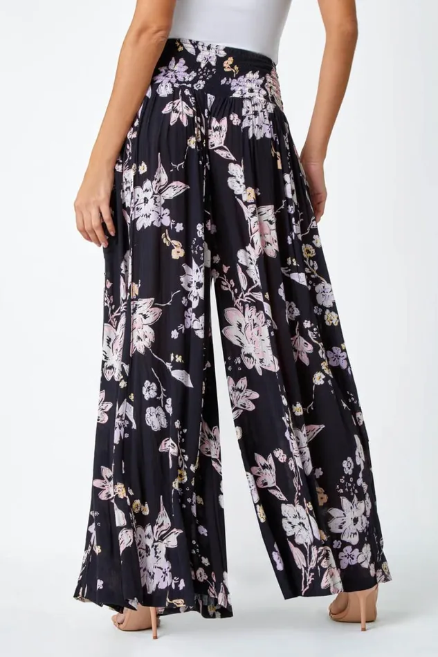 Black Floral Elastic Waist Wide Leg Palazzo Trousers Women Roman Trousers
