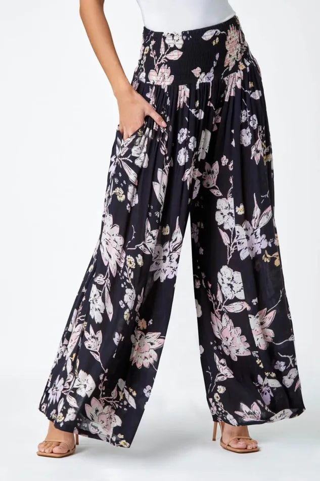 Black Floral Elastic Waist Wide Leg Palazzo Trousers Women Roman Trousers