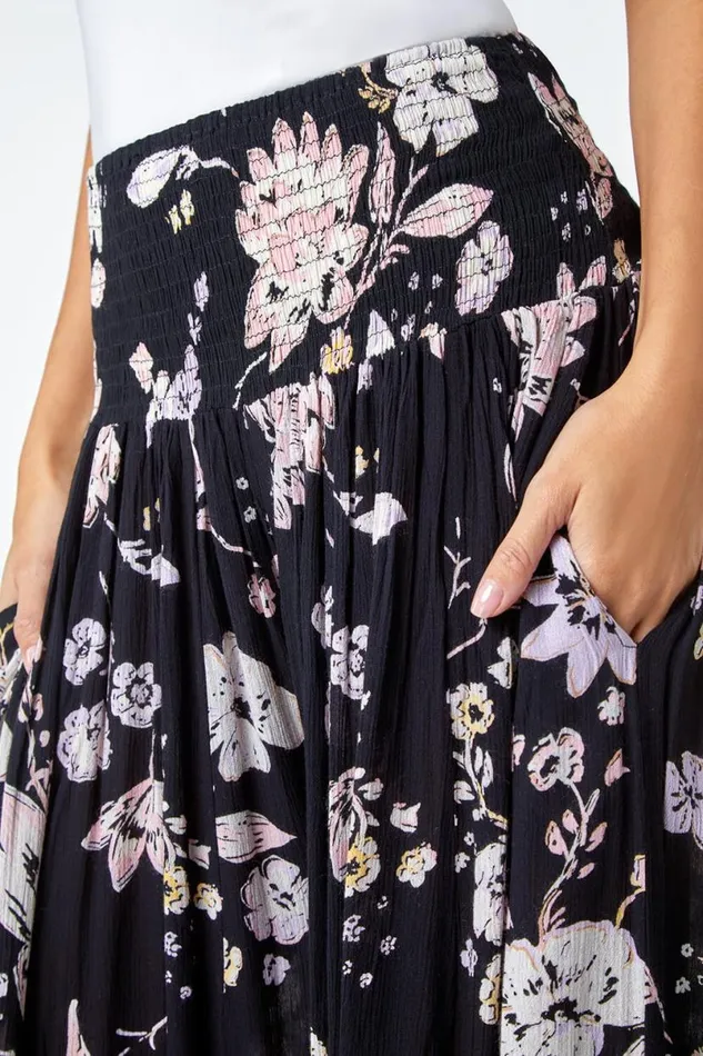 Black Floral Elastic Waist Wide Leg Palazzo Trousers Women Roman Trousers