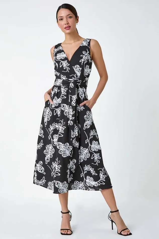 Black Floral Embroidered Cotton Blend Dress Women Roman Dresses
