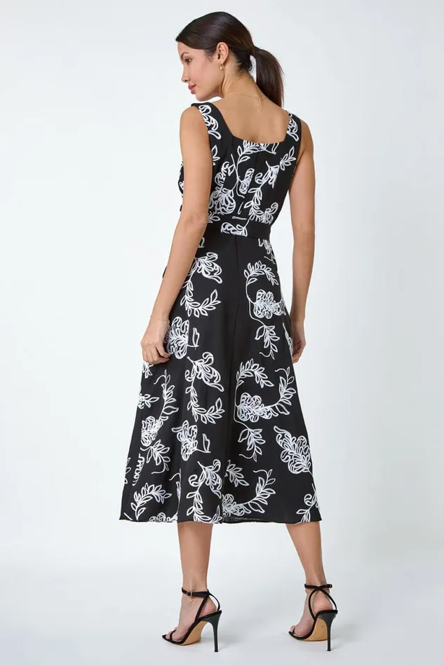 Black Floral Embroidered Cotton Blend Dress Women Roman Dresses