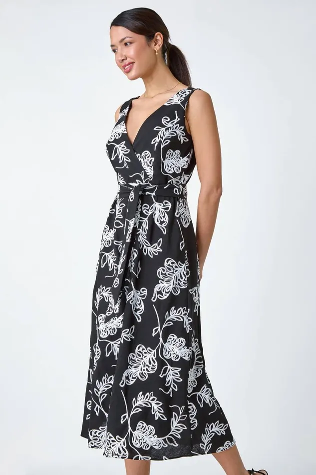 Black Floral Embroidered Cotton Blend Dress Women Roman Dresses