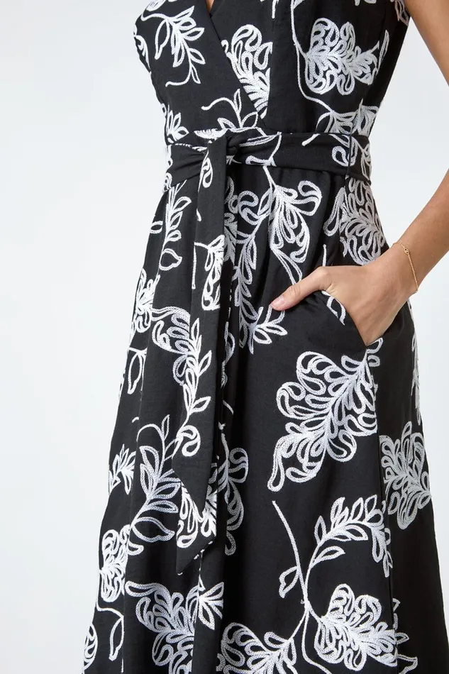 Black Floral Embroidered Cotton Blend Dress Women Roman Dresses