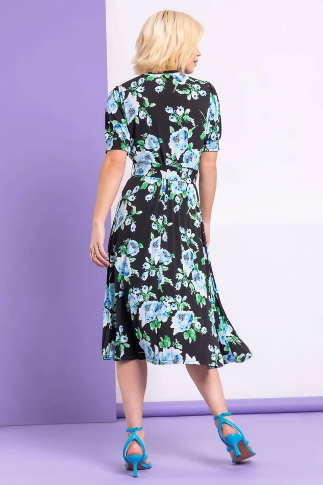 Black Floral Pleated Fit and Flare Dress Women Roman Dresses