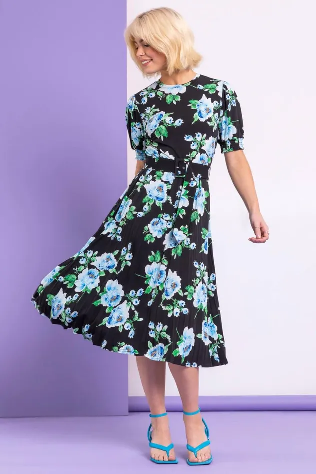 Black Floral Pleated Fit and Flare Dress Women Roman Dresses