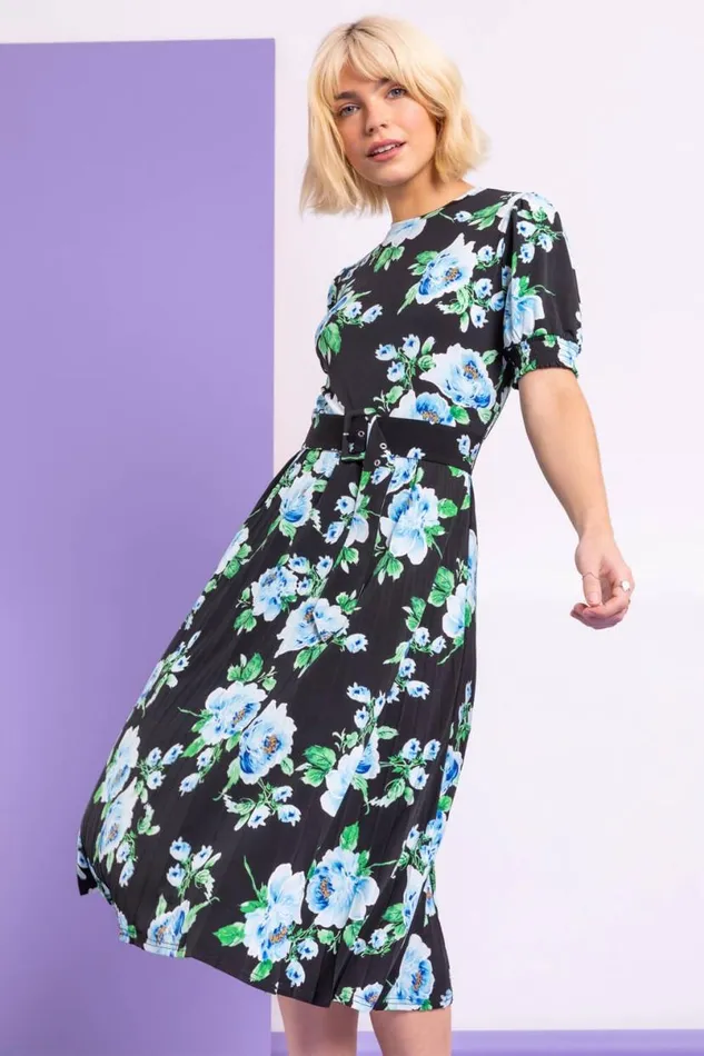 Black Floral Pleated Fit and Flare Dress Women Roman Dresses