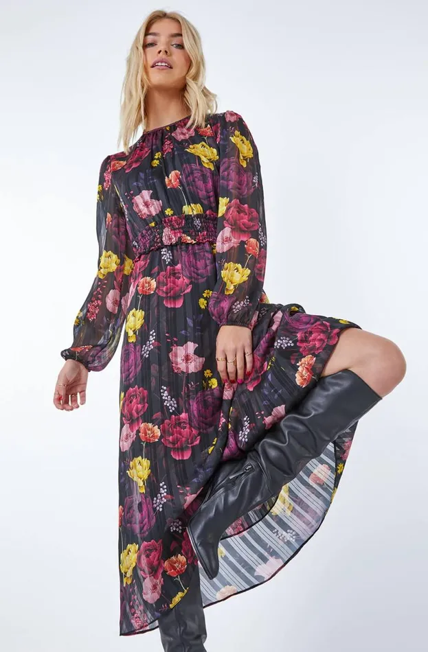 Black Floral Print Shirred Chiffon Midi Dress Women Roman Dresses