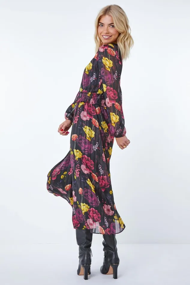 Black Floral Print Shirred Chiffon Midi Dress Women Roman Dresses