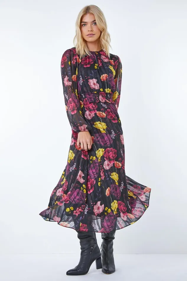 Black Floral Print Shirred Chiffon Midi Dress Women Roman Dresses