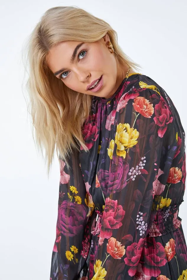 Black Floral Print Shirred Chiffon Midi Dress Women Roman Dresses
