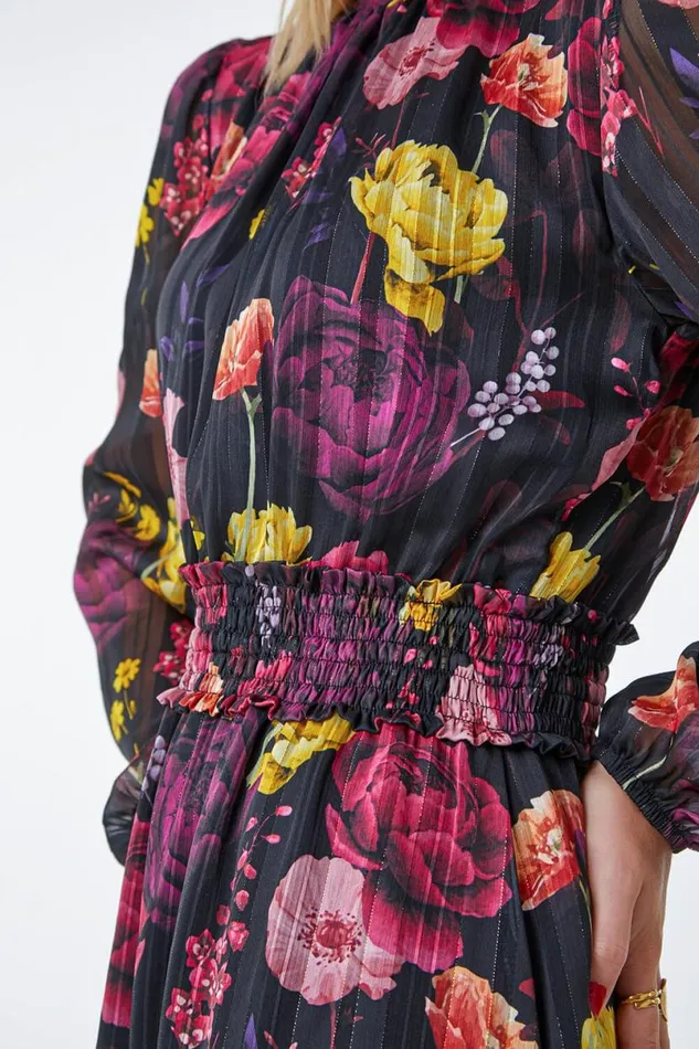 Black Floral Print Shirred Chiffon Midi Dress Women Roman Dresses
