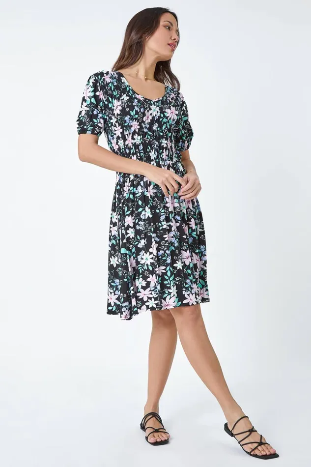 Black Floral Print Shirred Stretch Dress Women Roman Dresses