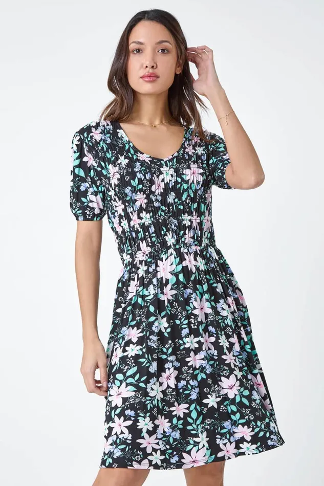 Black Floral Print Shirred Stretch Dress Women Roman Dresses