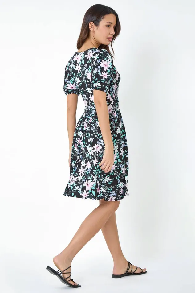 Black Floral Print Shirred Stretch Dress Women Roman Dresses