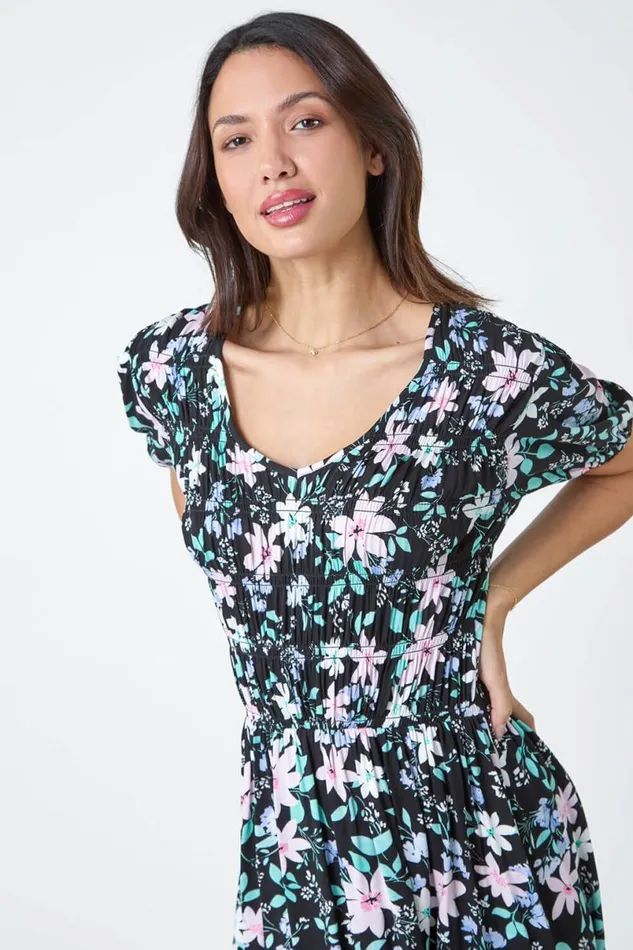 Black Floral Print Shirred Stretch Dress Women Roman Dresses