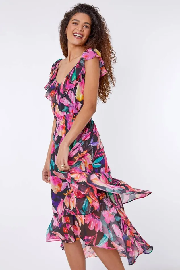 Black Floral Shirred Waist Chiffon Ruffle Midi Dress Women Roman Dresses