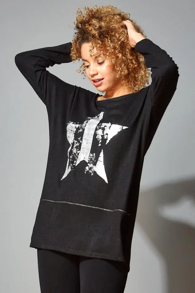 Black Foil Star Tunic Lounge Jumper Women Roman Tops