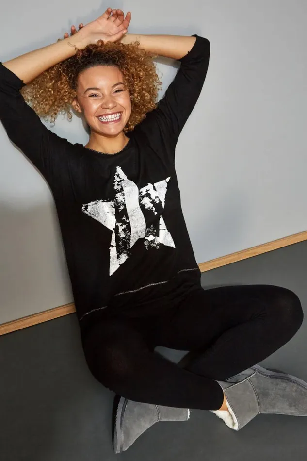 Black Foil Star Tunic Lounge Jumper Women Roman Tops