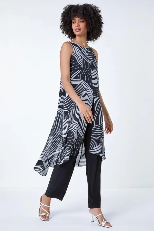 Black Full Length Printed Overlay Jumpsuit Women Roman Dresses